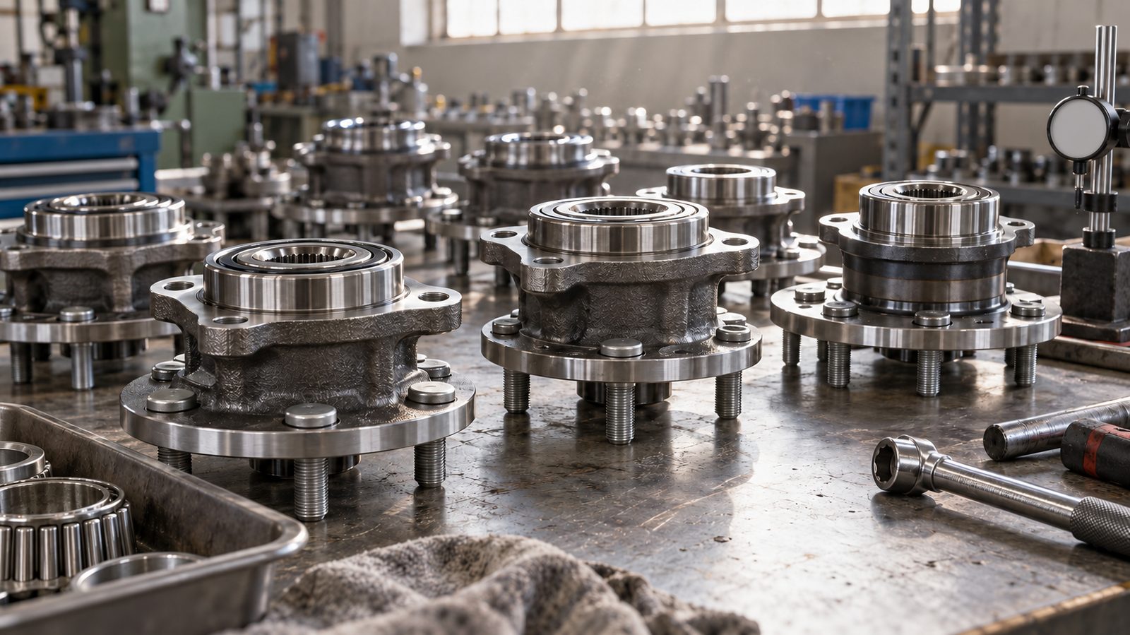 Wheel hub units and hub bearings arranged on a workshop bench at an automotive bearing facility