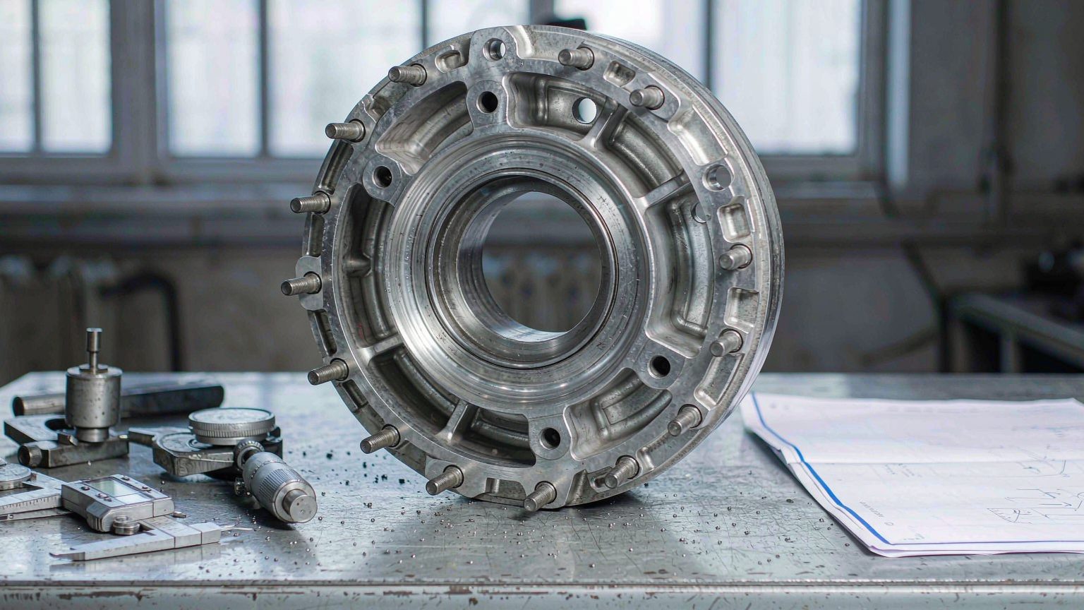 Wheel hub assembly with wheel studs on a workshop bench beside measuring tools and a drawing sheet