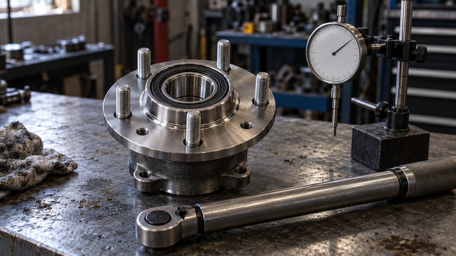 Third-generation wheel hub unit on a workshop bench beside a torque wrench and dial indicator used for preload checks