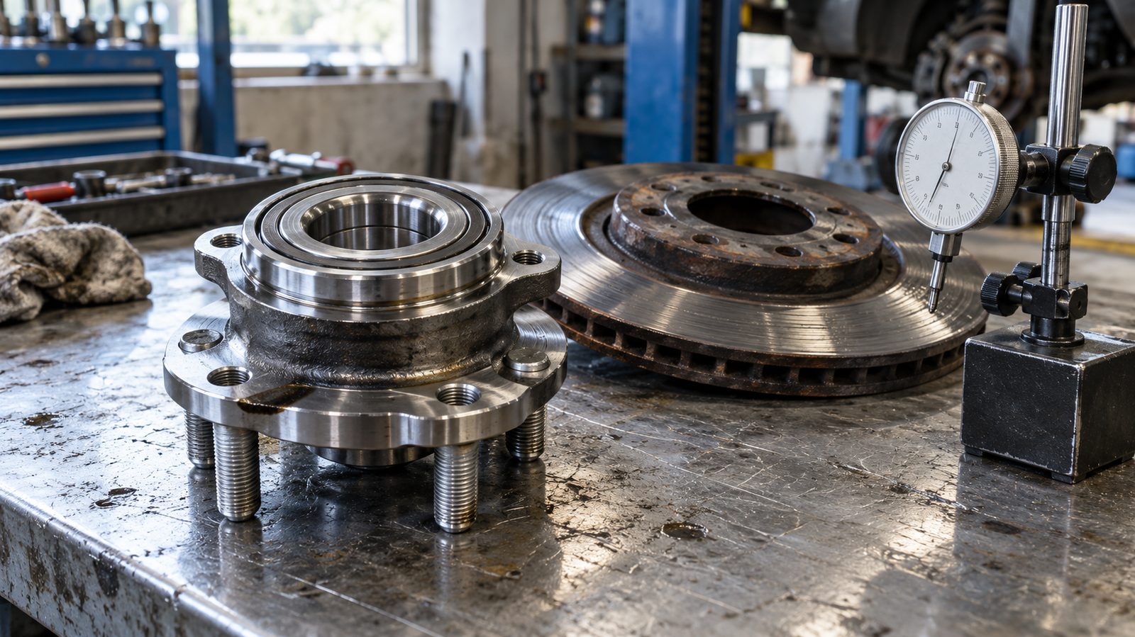 Complete automotive wheel hub bearing unit on a workshop bench next to a used brake disc and a dial indicator