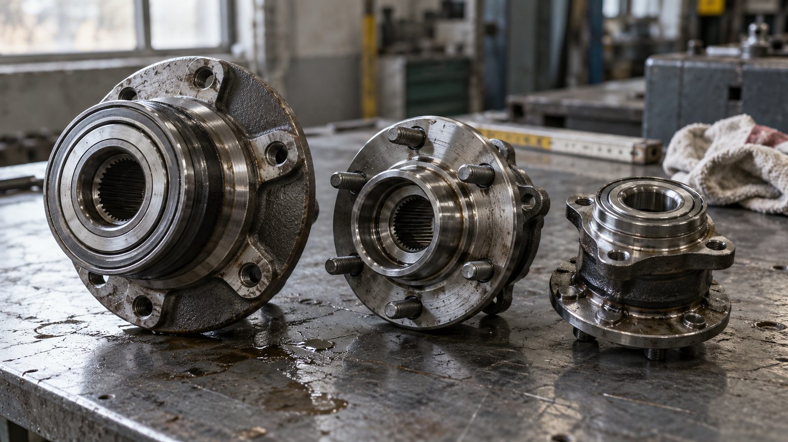 Three automotive wheel hub bearing units of different sizes standing on a steel workshop bench