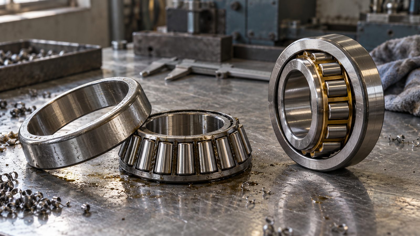 Disassembled tapered roller bearing with conical rollers beside a cylindrical roller bearing with parallel rollers on a workshop bench