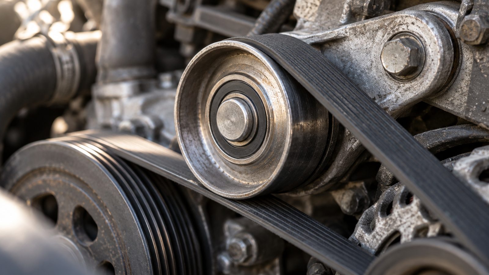 Steel tensioner pulley running against a serpentine belt on a car engine, showing the sealed bearing at the pulley centre