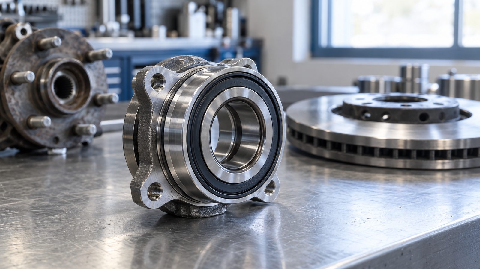 Double-row automotive wheel hub bearing unit on a workshop bench with a brake rotor and hub in the background