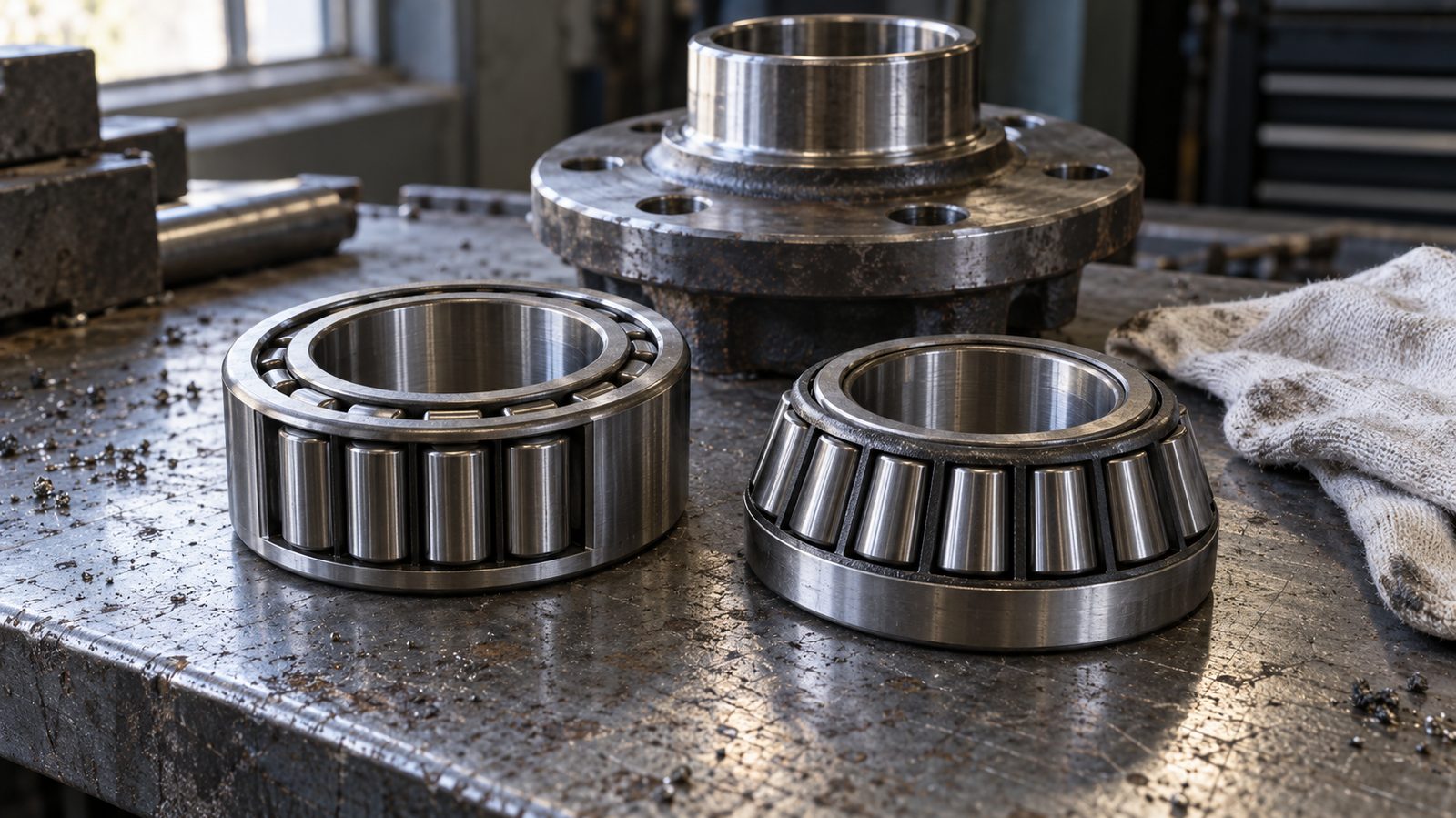 Cylindrical and tapered roller bearings side by side on a steel workshop bench