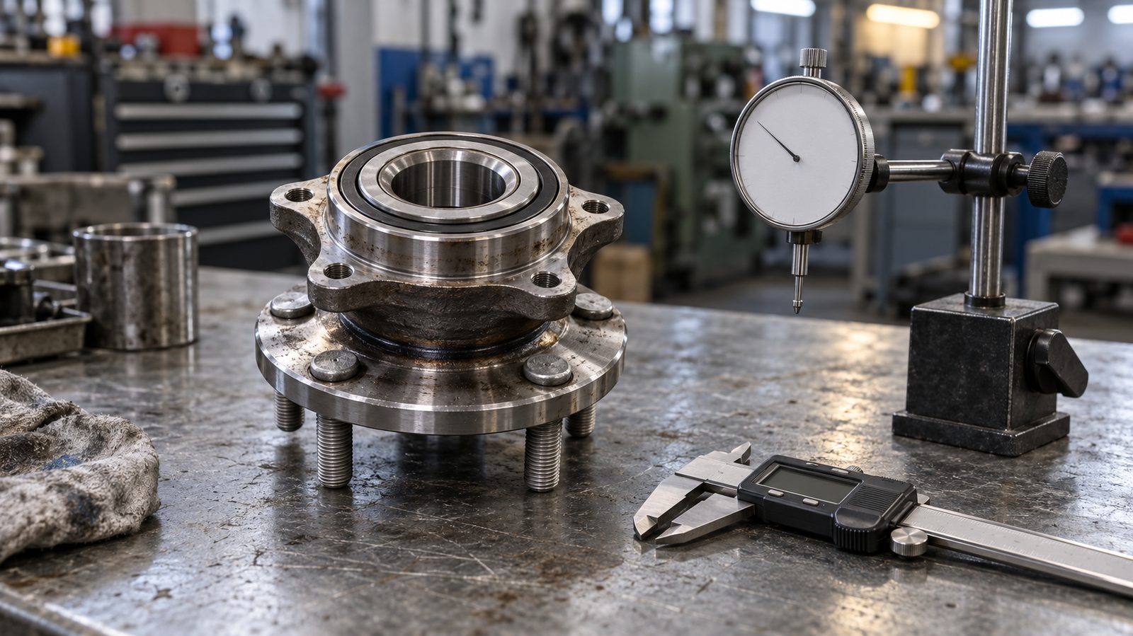 Third-generation wheel hub unit on a workshop inspection bench beside a dial indicator set up for runout measurement