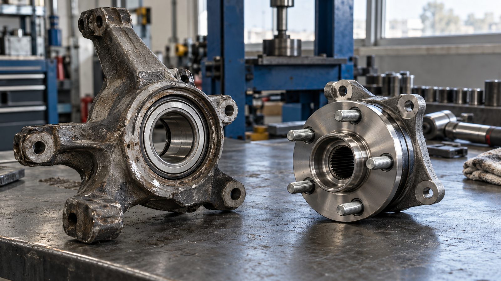 Press-fit wheel hub bearing cartridge and bolt-on wheel hub unit resting side by side on a workshop bench