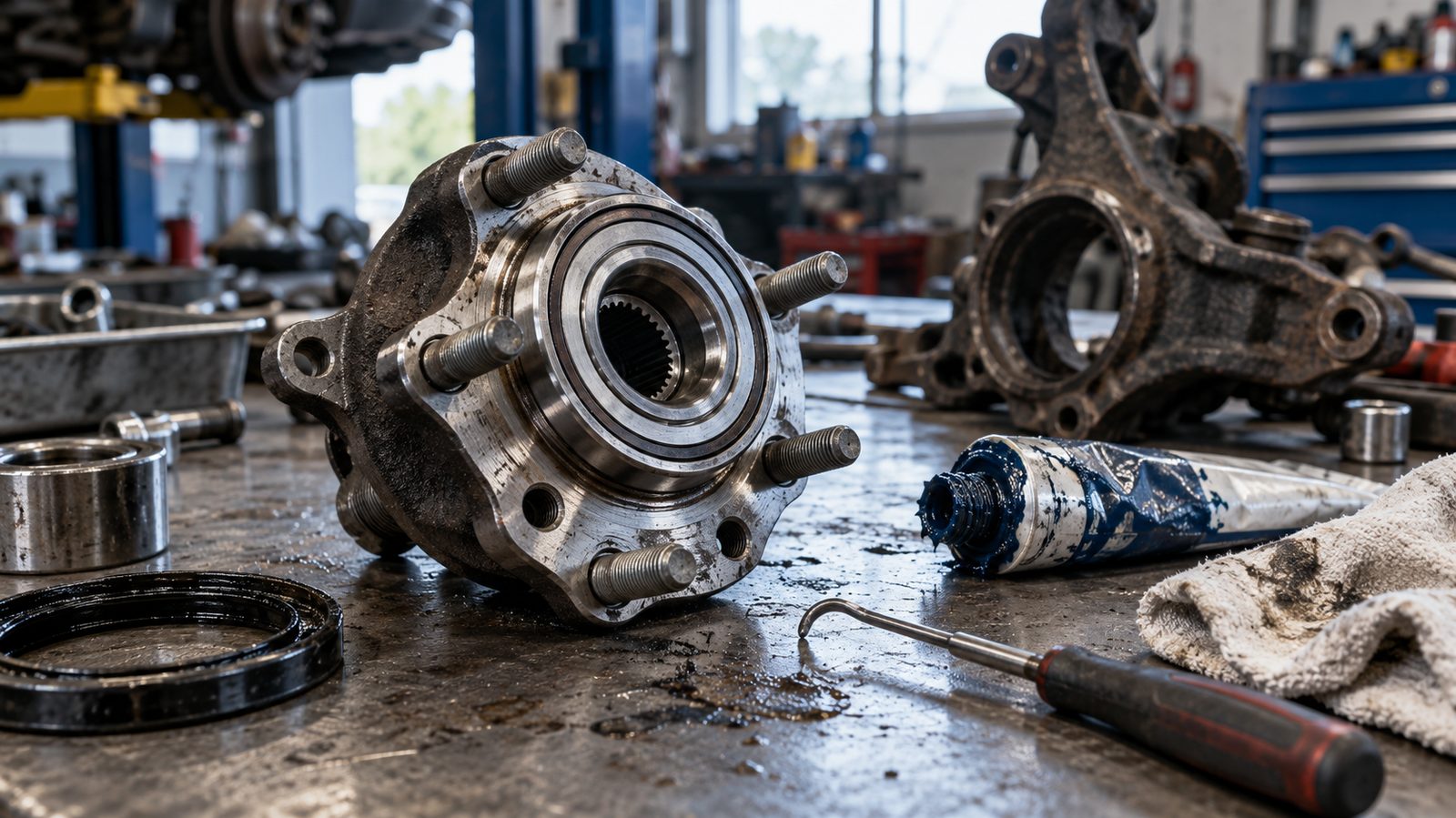 Automotive wheel hub unit on a workshop bench beside a grease tube and seal pick, photographed for a guide on wheel hub bearing grease and seal types