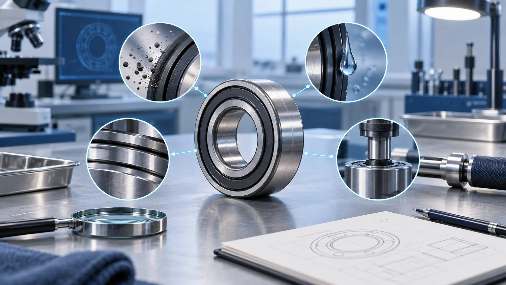 Conceptual editorial illustration of a wheel bearing beside separate visual cues for contamination, moisture, alignment and controlled inspection