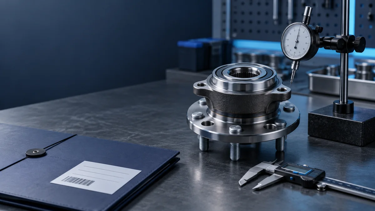 Generic wheel hub assembly beside a dial indicator and caliper during a conceptual supplier quality review.