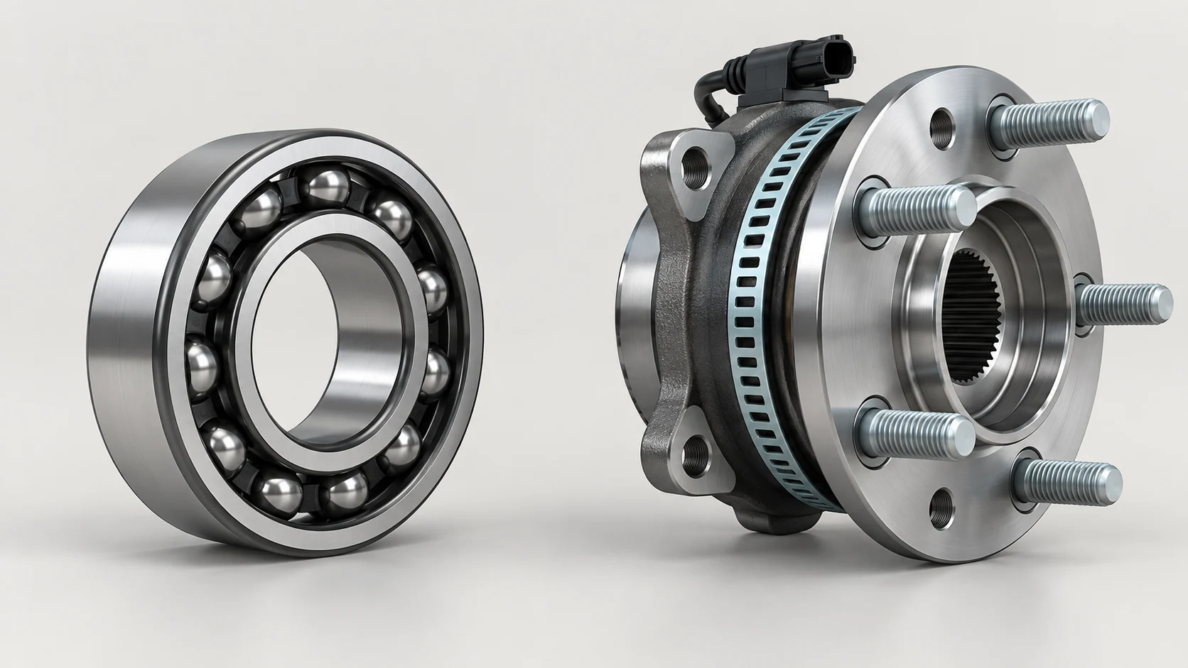 Conceptual illustration comparing a standalone rolling bearing with a flanged hub-bearing unit