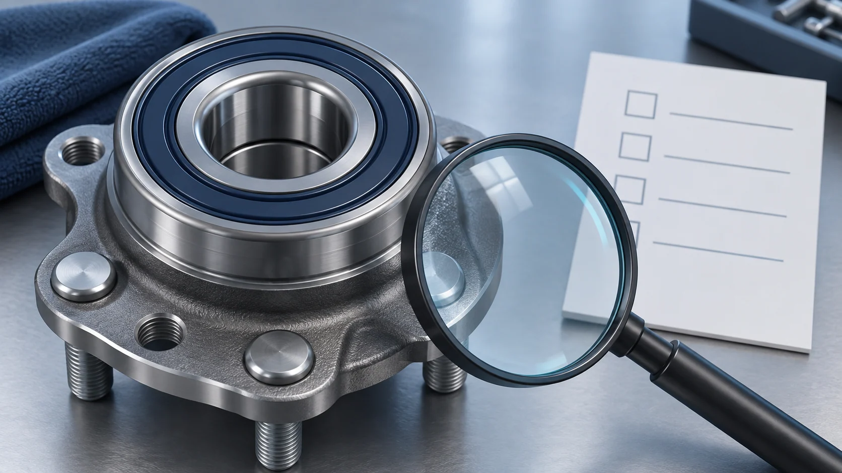 Conceptual editorial illustration of an integrated hub-bearing unit with a seal edge under non-destructive visual review
