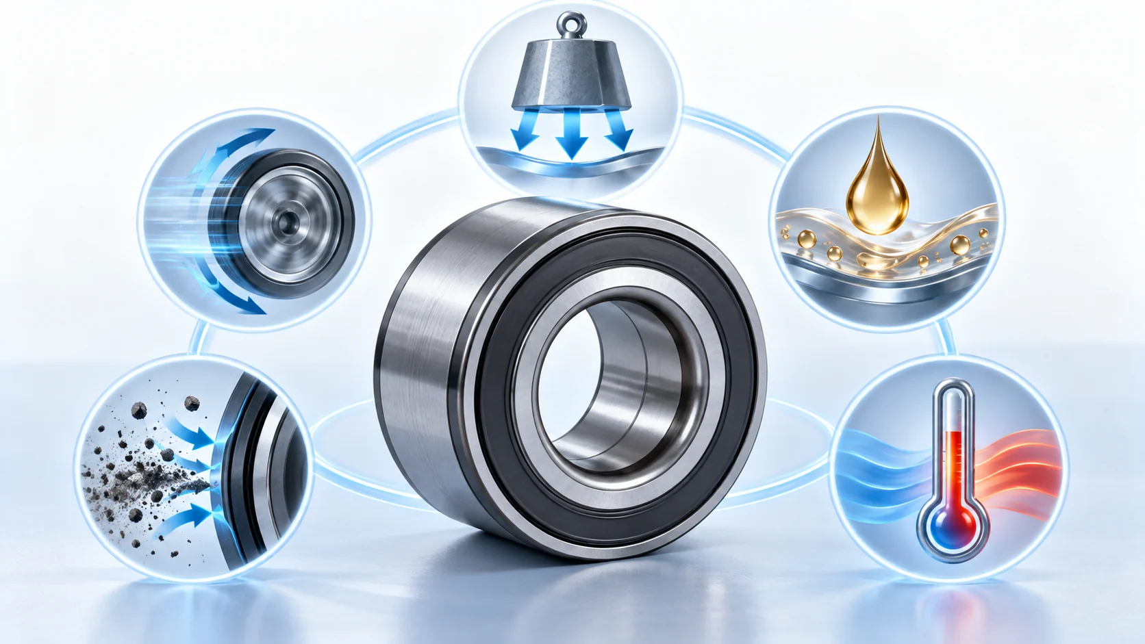 Conceptual illustration of a wheel bearing surrounded by load, speed, lubricant, contamination and temperature factors