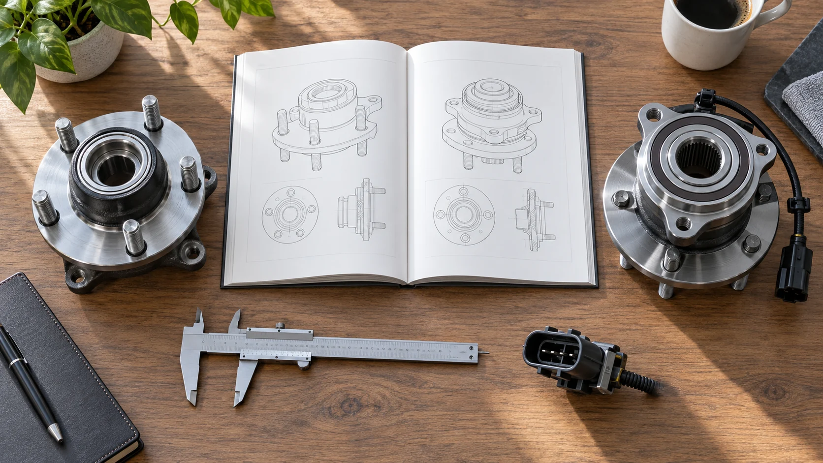Illustration of two hub assemblies compared beside a technical catalogue, caliper and connector sample