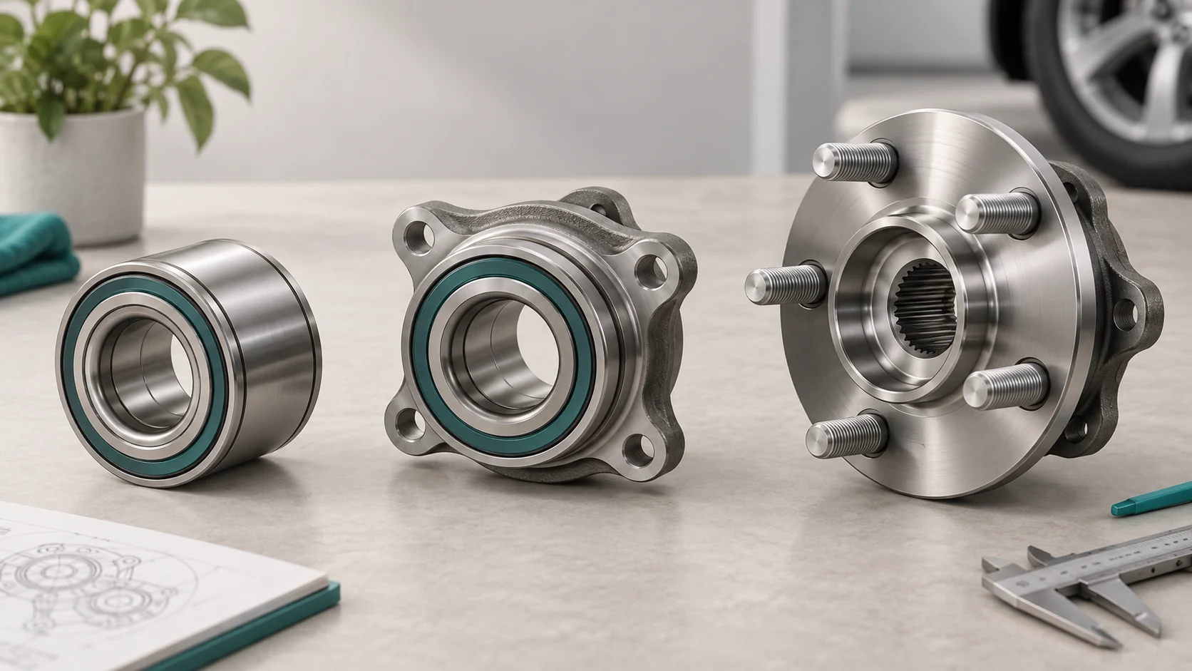 Illustration comparing a wheel bearing cartridge, a flanged bearing unit and a complete hub assembly