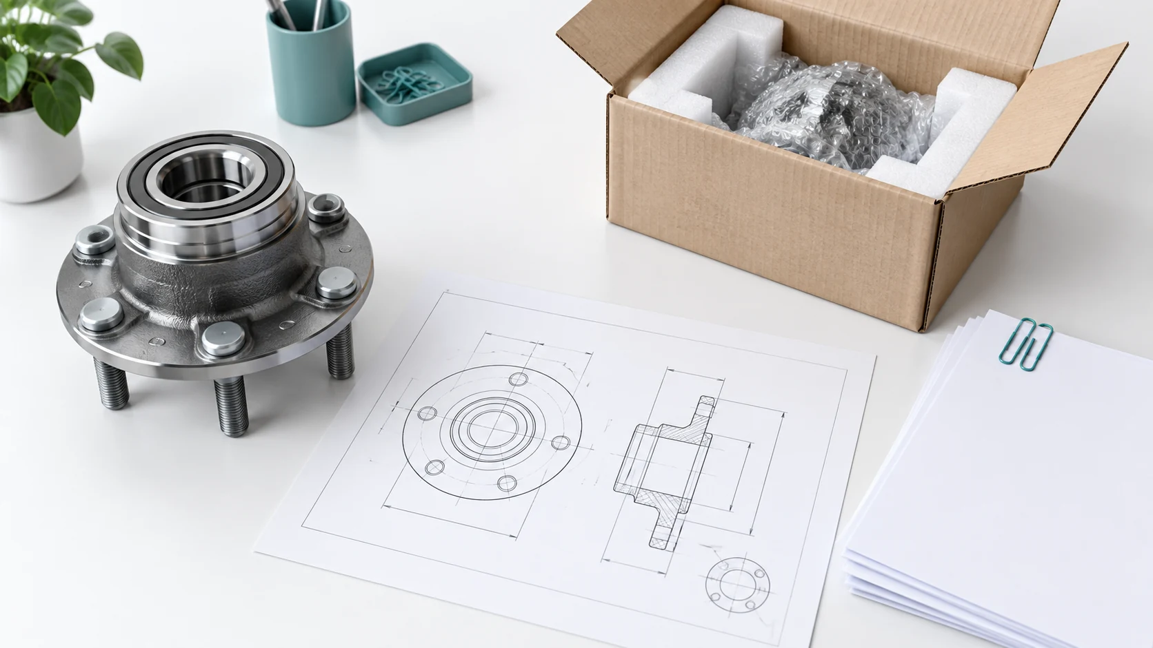 Illustration of a hub assembly, drawing, protective packaging and quotation documents arranged for an RFQ