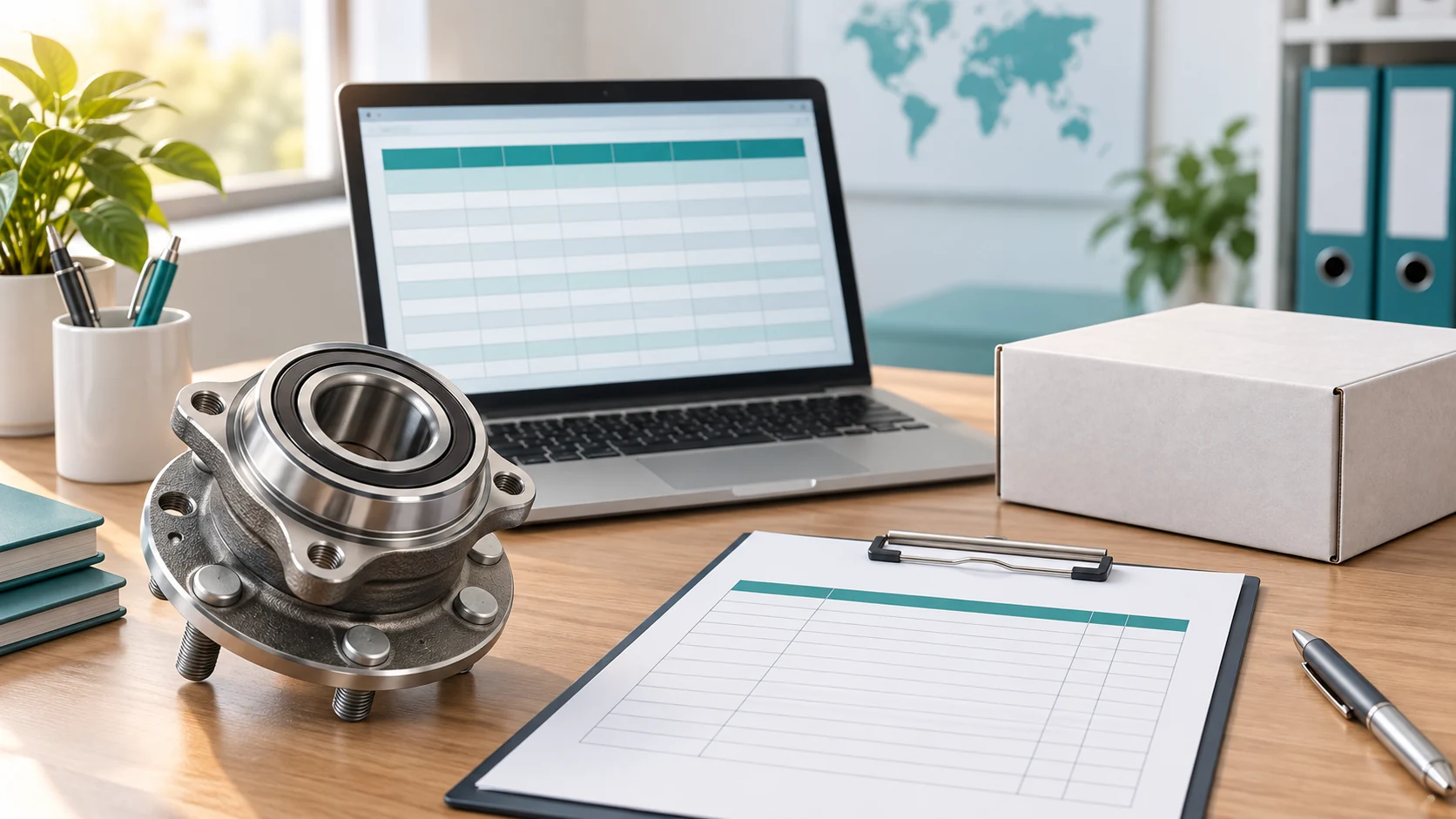Illustration of a wheel hub bearing beside an enquiry spreadsheet, quotation sheet and sample box