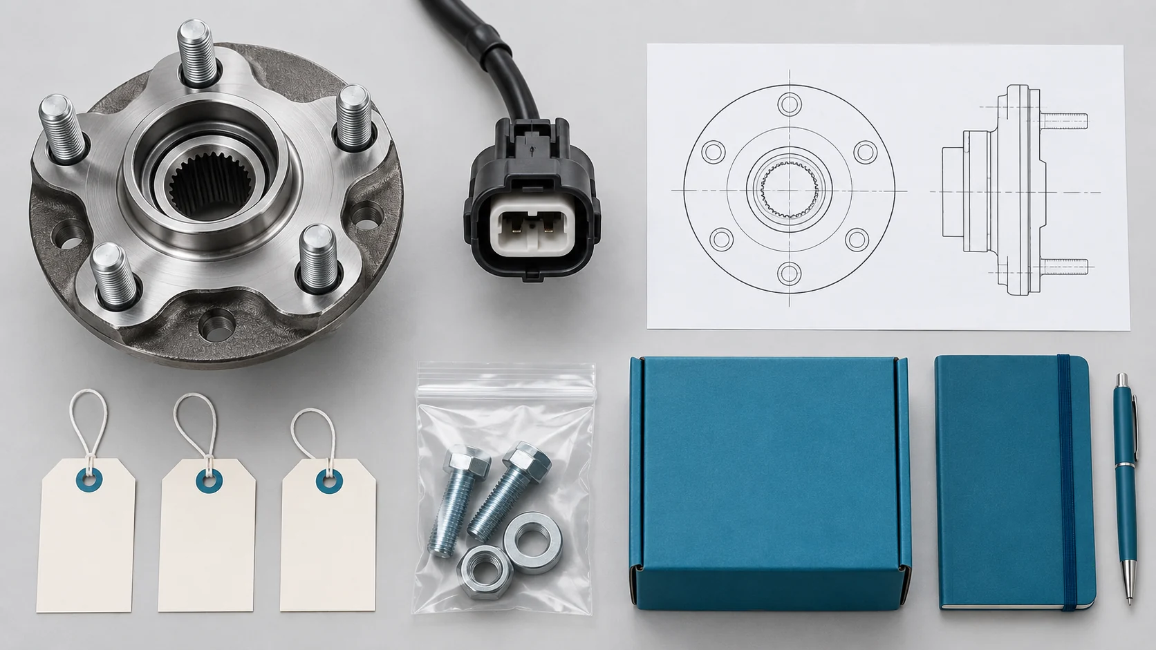 Illustration of a hub assembly, connector, drawing and reference tags separated for comparison