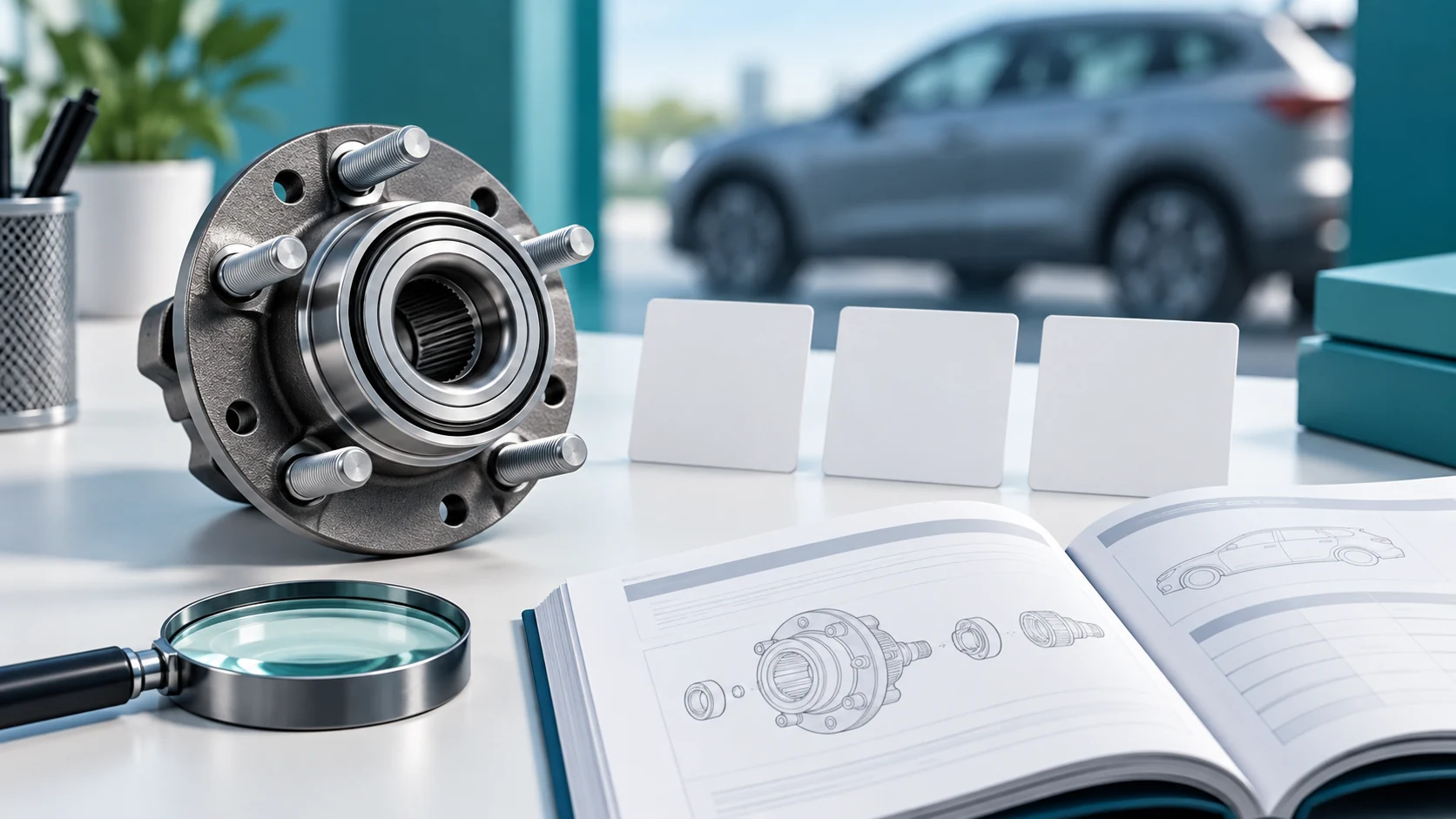 Illustration of a wheel hub assembly beside reference cards, a magnifier and a vehicle catalogue