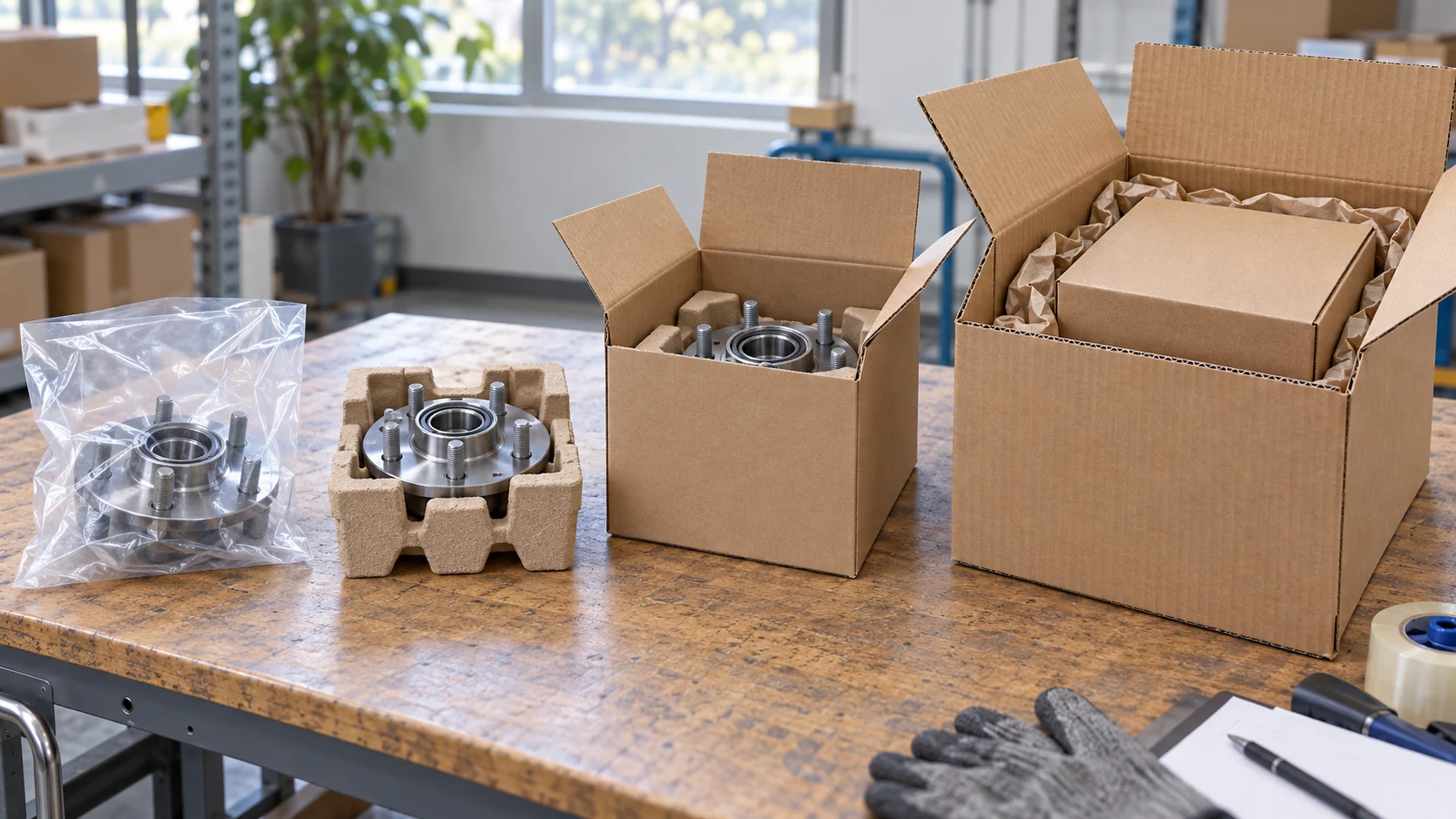 Illustration of a wheel hub bearing with an inner protective bag, fitted separator and individual and outer cartons