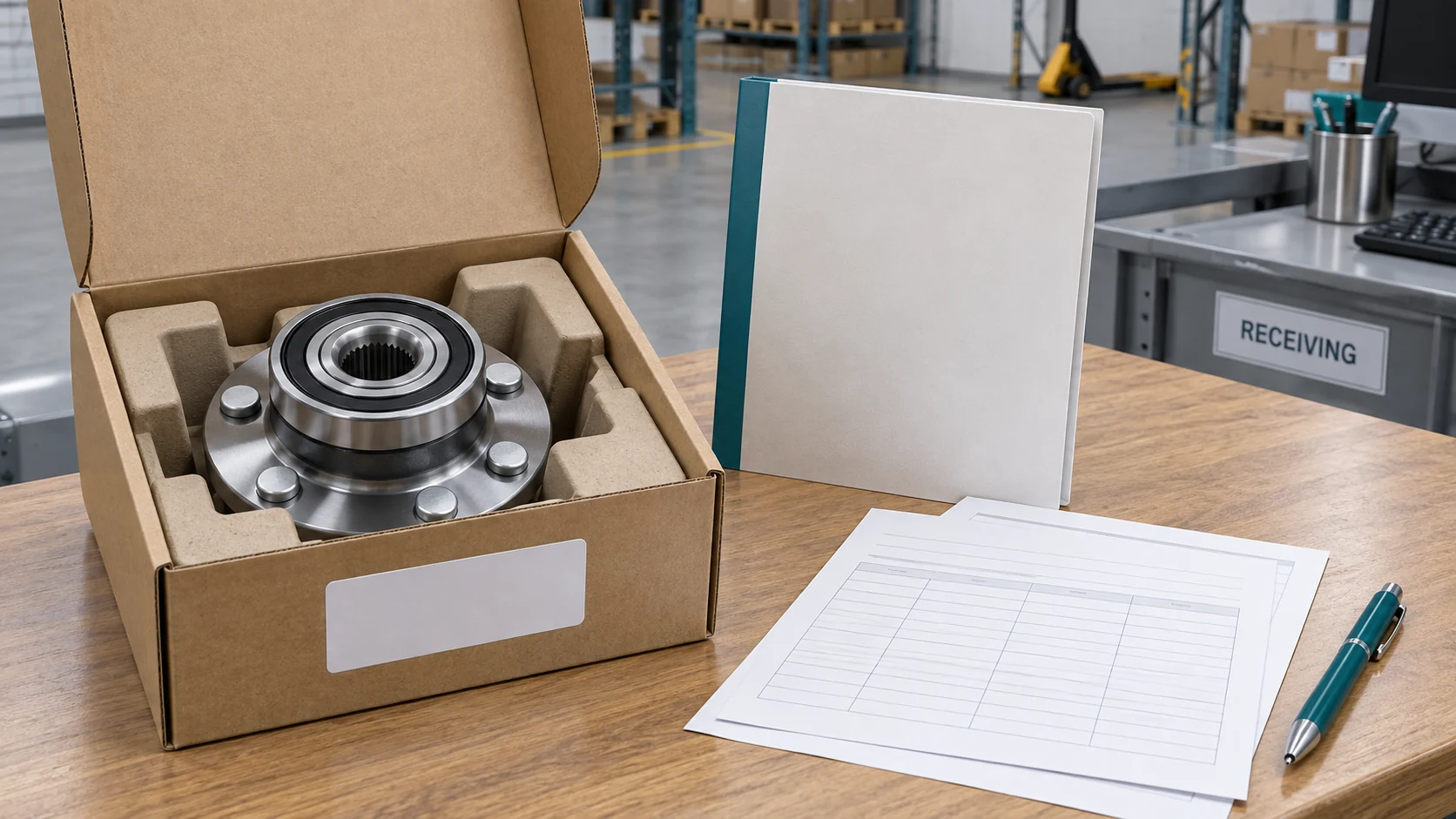 Illustration of a wheel hub bearing in protective packaging beside a document folder and inspection sheets